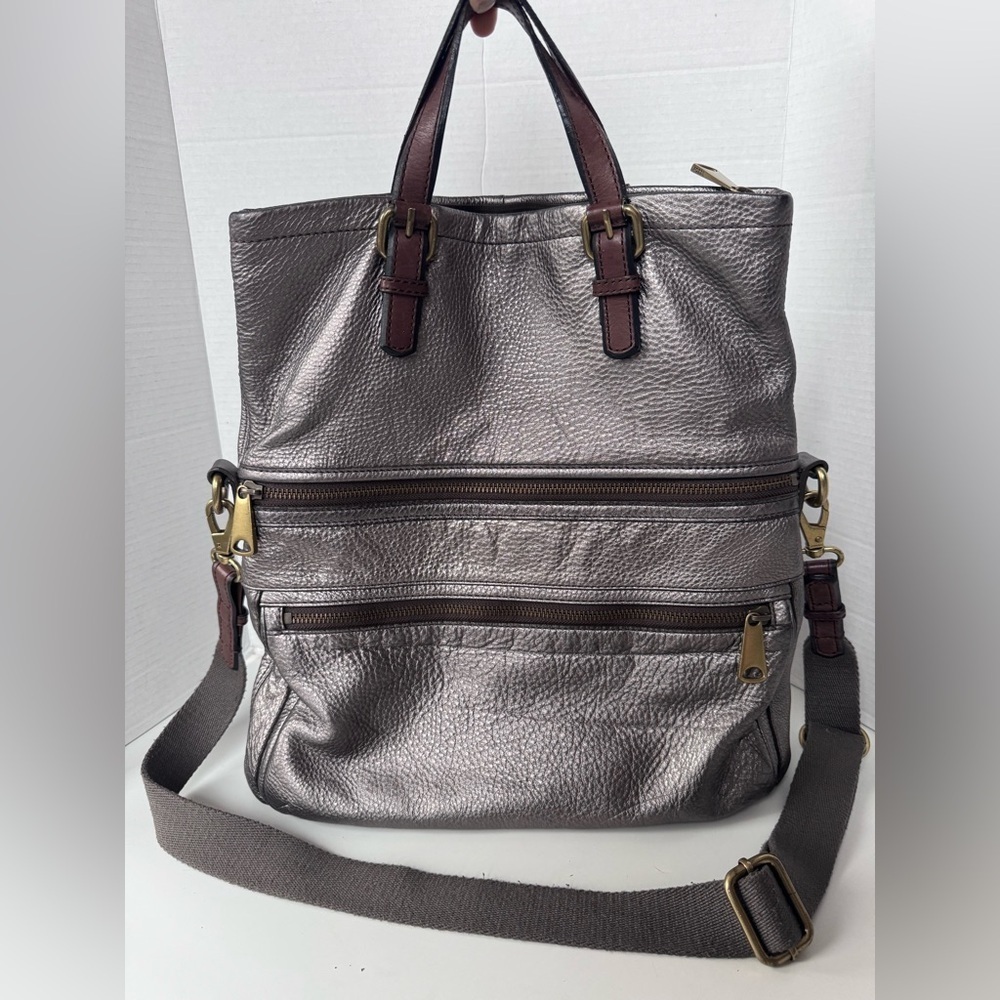 Fossil Explorer Leather Tote Pewter Foldover Messenger Bag Distressed Metallic